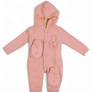 Knitted Pink Girl's Hooded Bodysuit with Fur Lining-3pcs